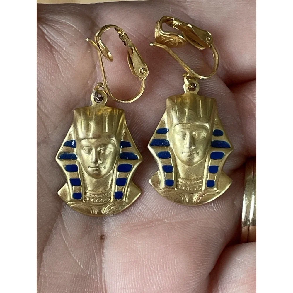 Vintage Gold Tone Blue Accent King Tut Earrings Clip On